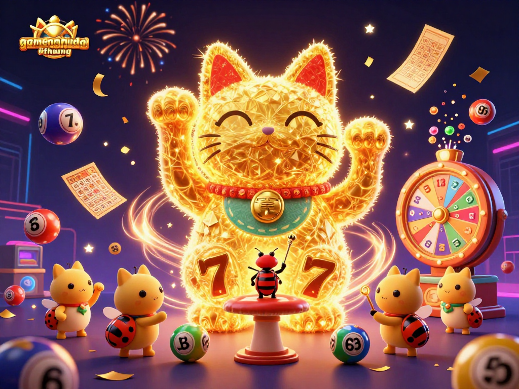 Engage with gamenohudoithuong's vibrant Lucky Cat illustration amidst dynamic casino-themed elements.