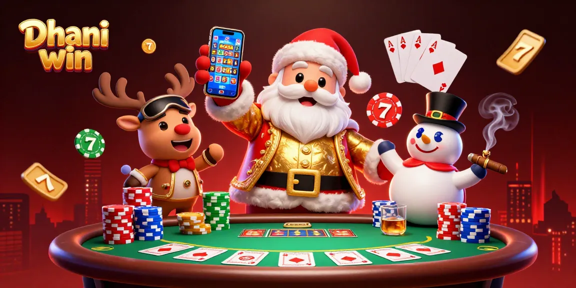 Spin winning jackpots with Dhani win in this vibrant casino scene featuring Santa and friends.