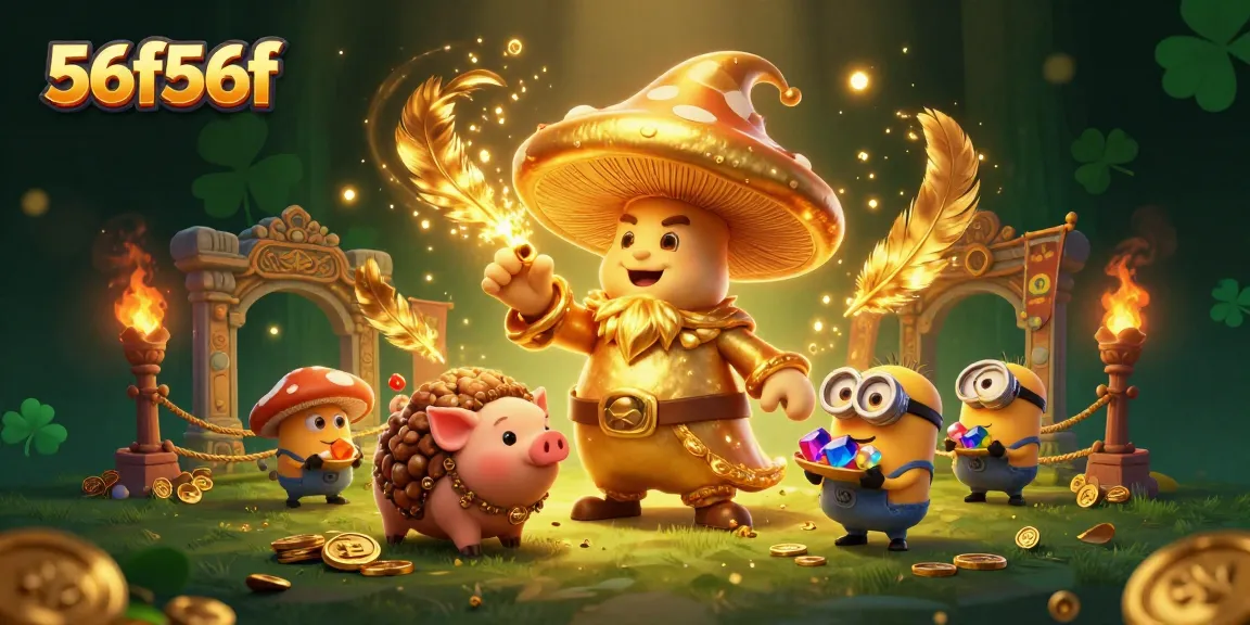 Ilustração 3D do 56f56f com um grande cogumelo mágico dourado, um porco e minions de cogumelo no cassino
