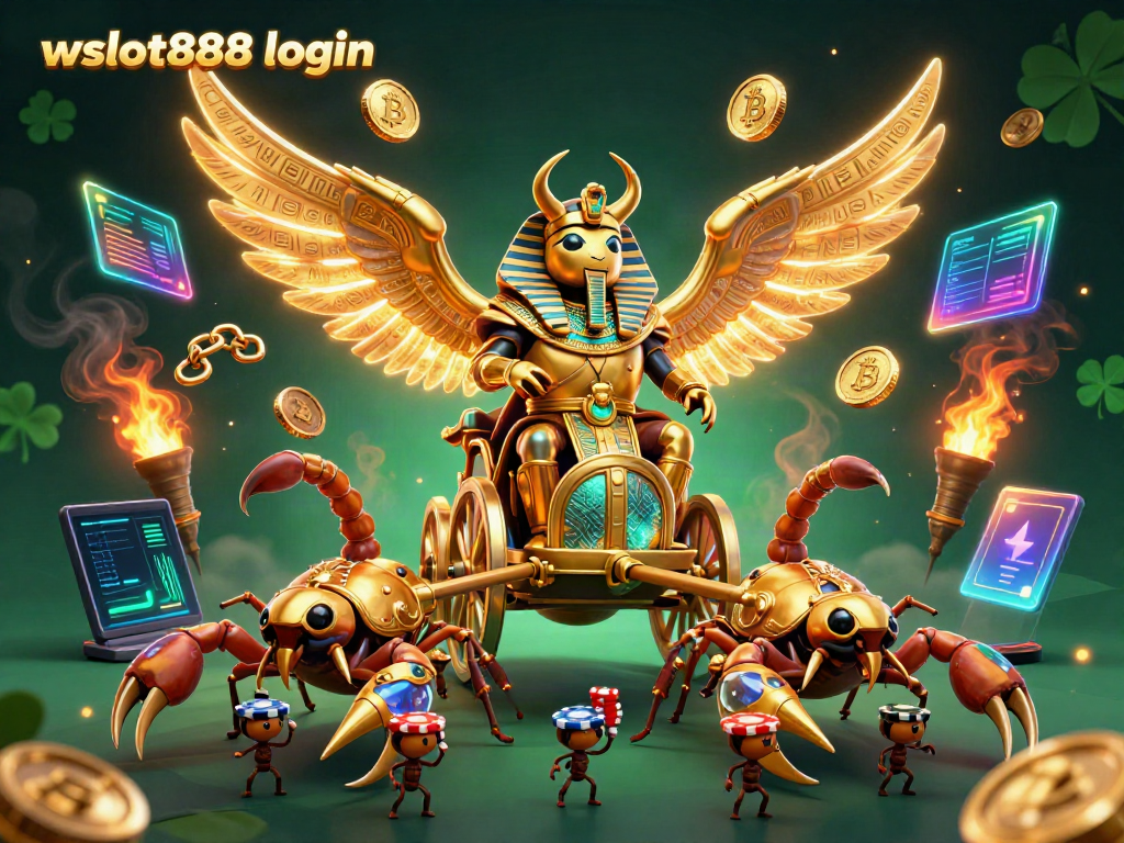 Login wslot888 dalam ilustrasi menakjubkan dengan karakter kartun kasino dan elemen crypto.