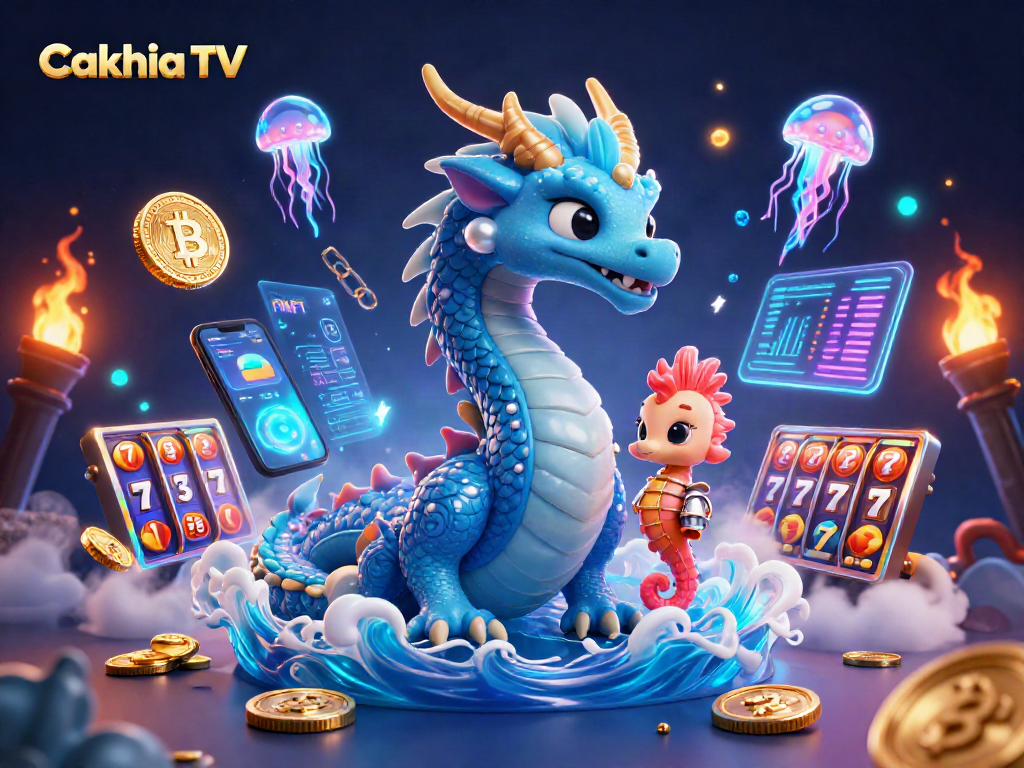 Cakhia TV showcases an ultra-detailed 3D cartoon scene with a mystical dragon and vibrant casino elements.