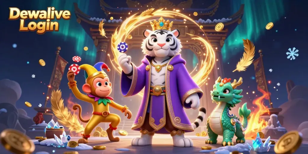 Engage in Dewalive Login with thrilling characters like a white tiger and a playful monkey in a dynamic casino setting.