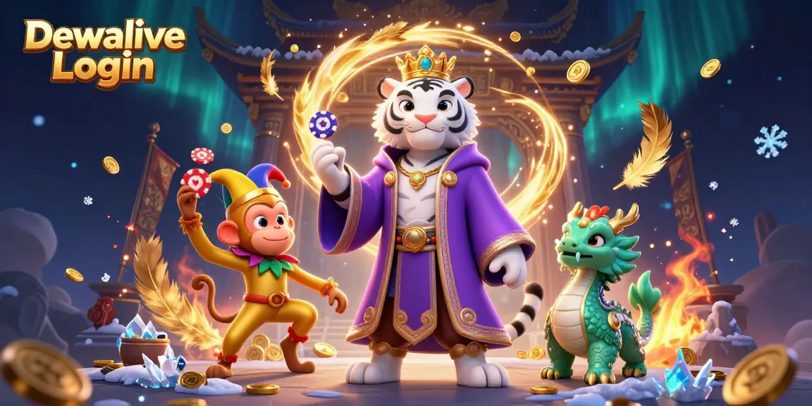 Engage in Dewalive Login with thrilling characters like a white tiger and a playful monkey in a dynamic casino setting.