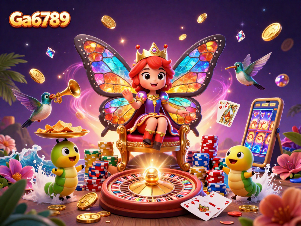 Engage with Ga6789’s vibrant 3D casino scene featuring a butterfly queen and dynamic gaming elements.