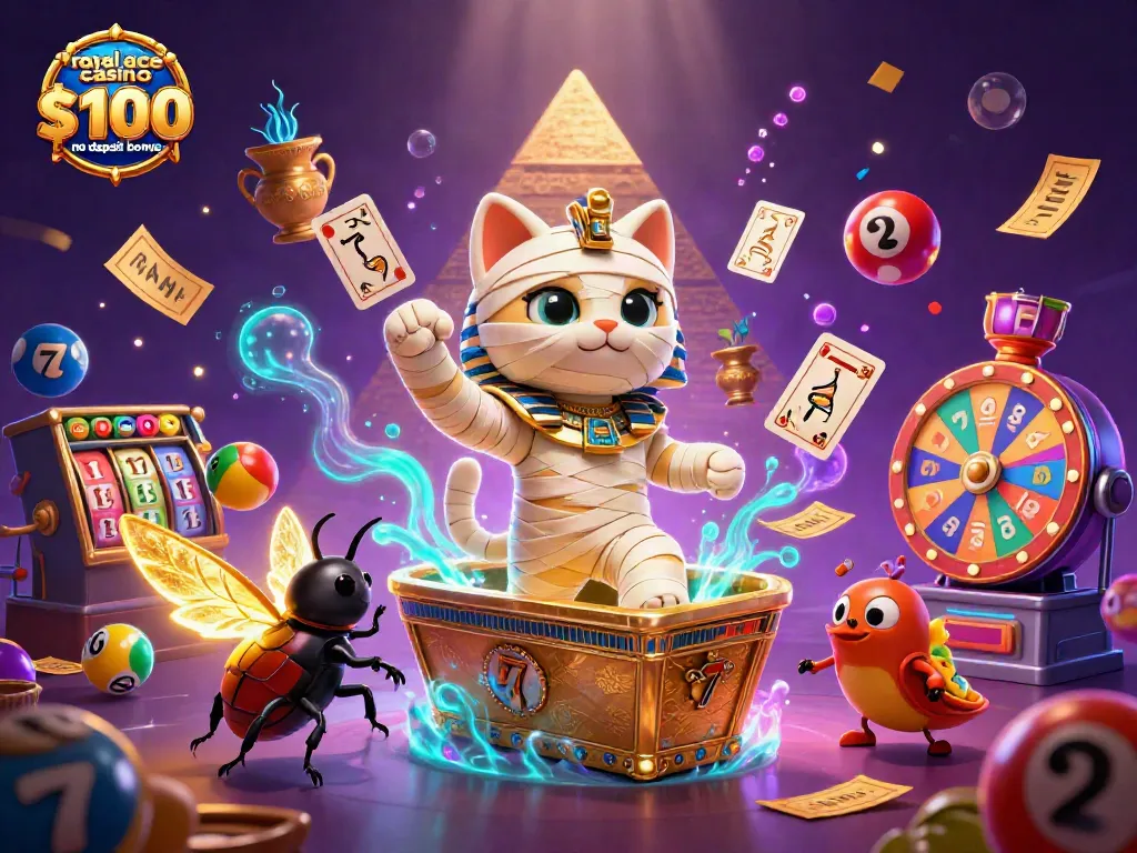 Engage with the royal ace casino $100 no deposit bonus, featuring a dynamic 3D scene with a mummy cat and vibrant gaming elements.