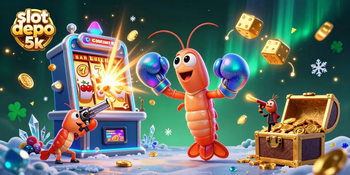 Experience thrilling gameplay with slot depo 5k in a vibrant casino illustration featuring dynamic characters and jackpots.