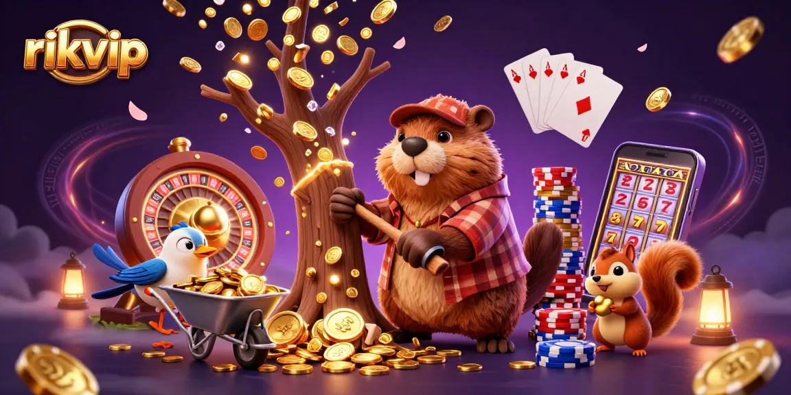 Experience big wins with rikvip as the beaver turns trees into golden coins in a vibrant casino scene.