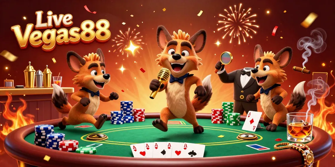 Join the fun at Live Vegas88 with hyenas celebrating big wins in a lively casino scene.