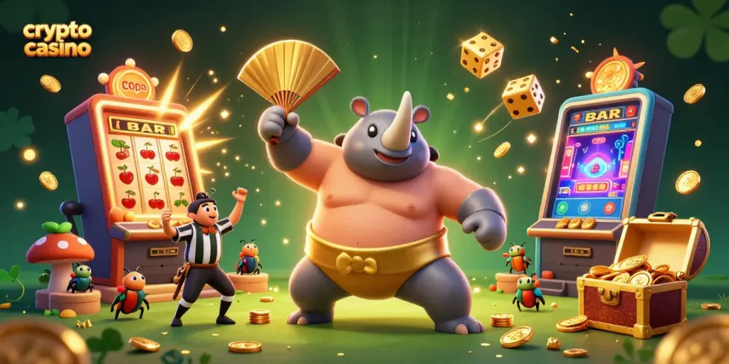 Giochi emozionanti nel crypto casino con una mascotte in azione che lancia monete d'oro.