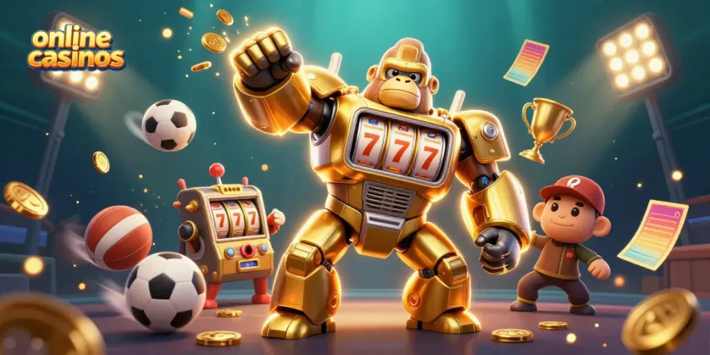 Experience exciting action in online casinos with a golden gorilla mech smashing through coins and rewards.