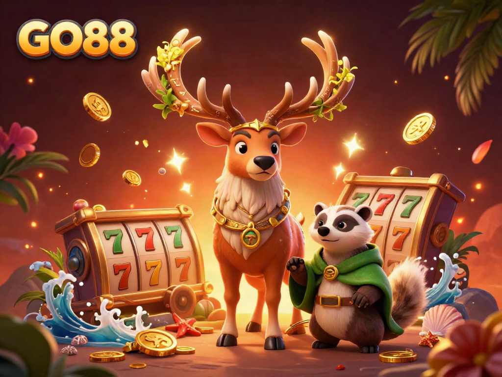 Experience thrilling gameplay with GO88 featuring a Celtic druid stag and dynamic casino elements.