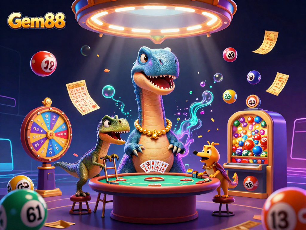 Engage in exciting gameplay at Gem88 with a vibrant casino atmosphere illustrated in an epic 3D scene.