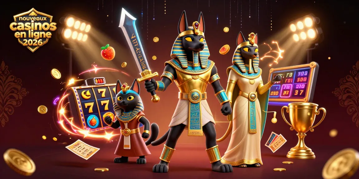 Image illustrant les nouveaux casinos en ligne 2026 avec Anubis et Bastet entourés de symboles de machines à sous et de jeux d'argent.