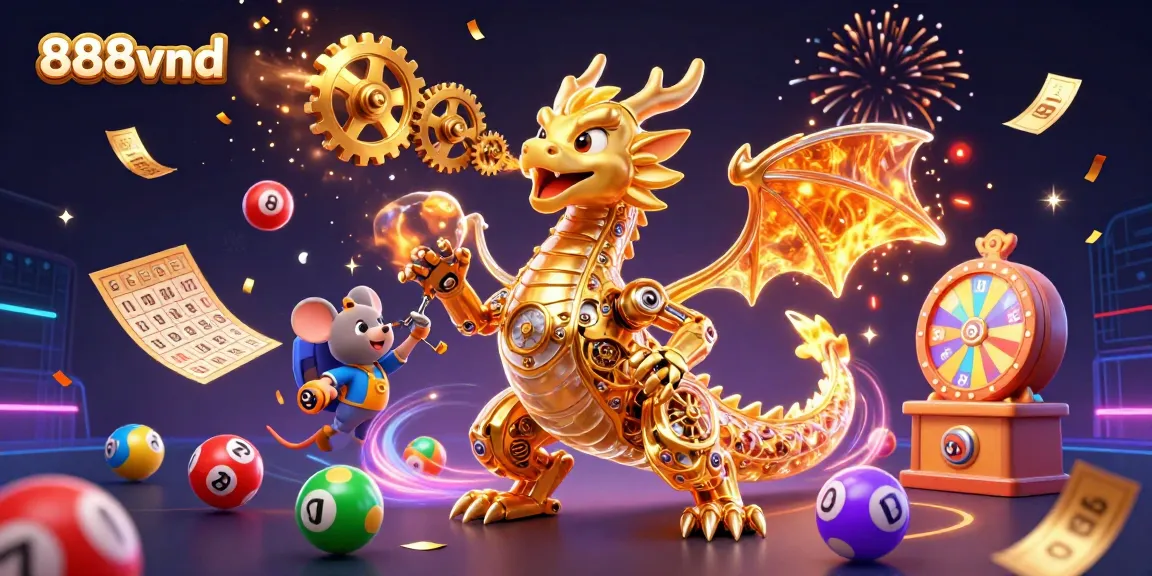 Engage with 888vnd's exciting online gaming world featuring dynamic lottery elements and a colorful dragon.