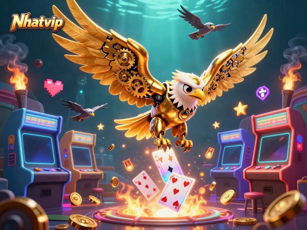 Nhatvip showcases its thrilling casino adventure with a golden eagle navigating through holographic cards and gaming elements.