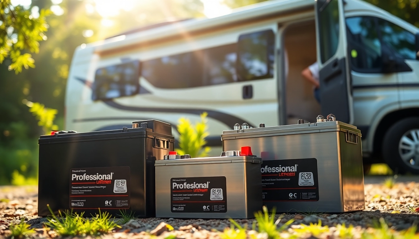 Showcasing high-performance lithium RV batteries beside a stylish camper van amidst nature.