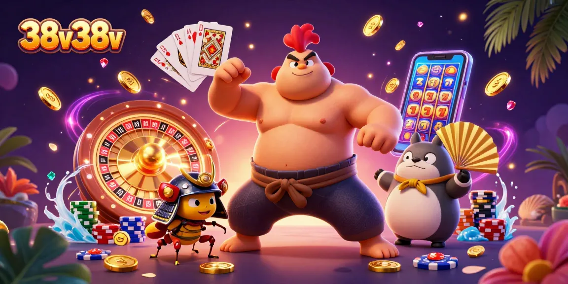 38v38v apresenta uma batalha entre um galo sumô e um grilo samurai em um cassino vibrante.