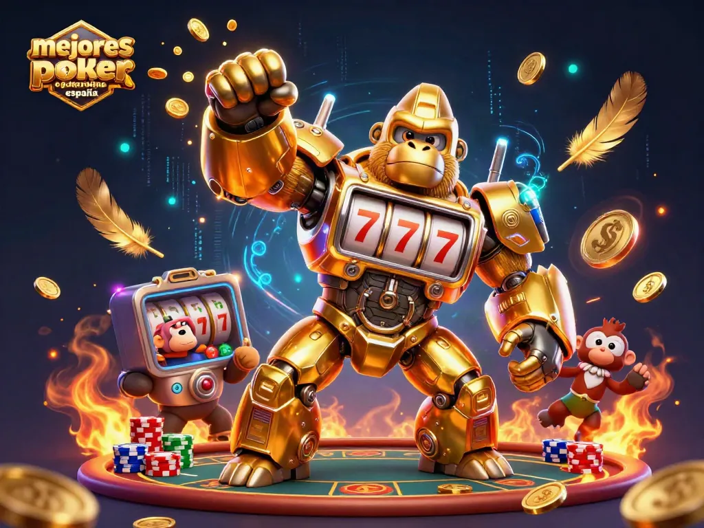 Las mejores salas de poker online España en acción con un gorila mecánico y elementos de juego