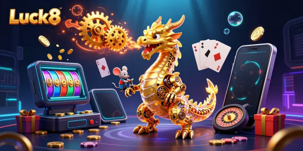 Experience thrilling gameplay at Luck8 with a majestic golden dragon surrounded by vibrant casino elements.