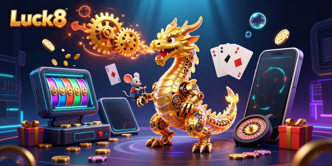 Experience thrilling gameplay at Luck8 with a majestic golden dragon surrounded by vibrant casino elements.