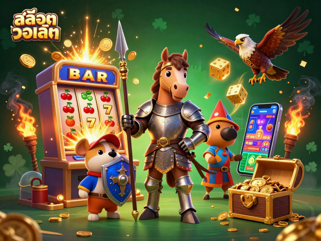 Experience the thrill of สล็อตวอเลท with vibrant 3D characters and dynamic casino elements exploding from a slot machine.