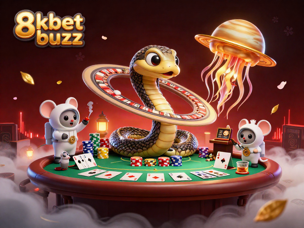 Experience thrilling bets at 8kbet buzz with cosmic characters in a vibrant casino scene.