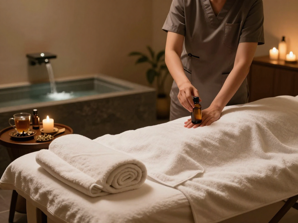 Relaxing spa therapy room with mantra88 login preparations for a soothing massage session.