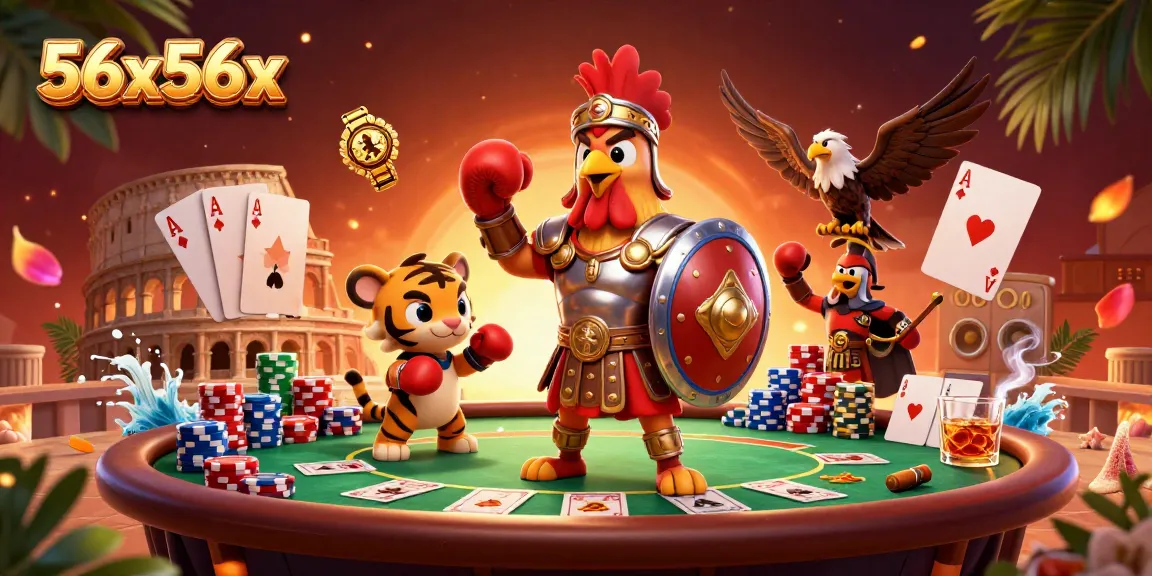Engage with 56x56x: A thrilling 3D illustration of a rooster gladiator at a vibrant poker scene!