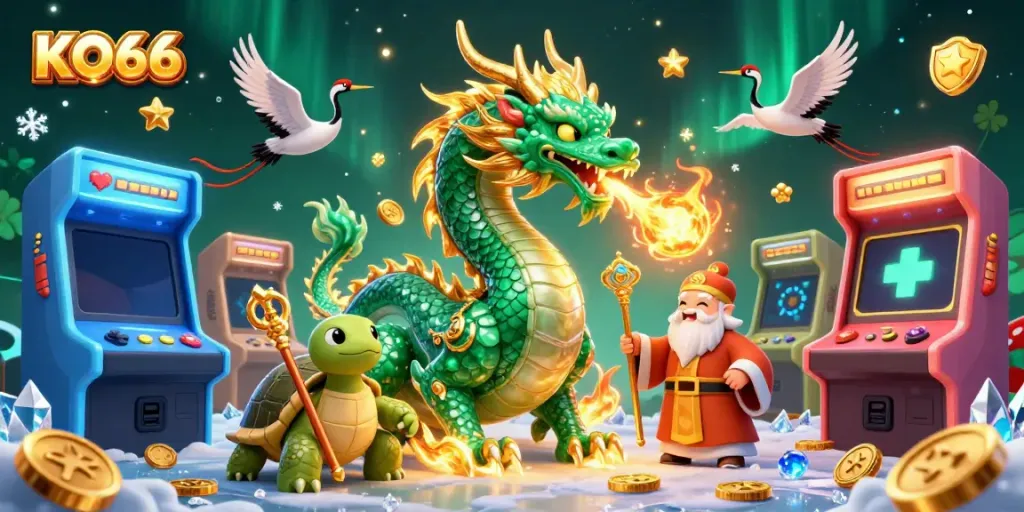 Experience the excitement of KO66 with an enchanting 3D dragon and dynamic casino elements.
