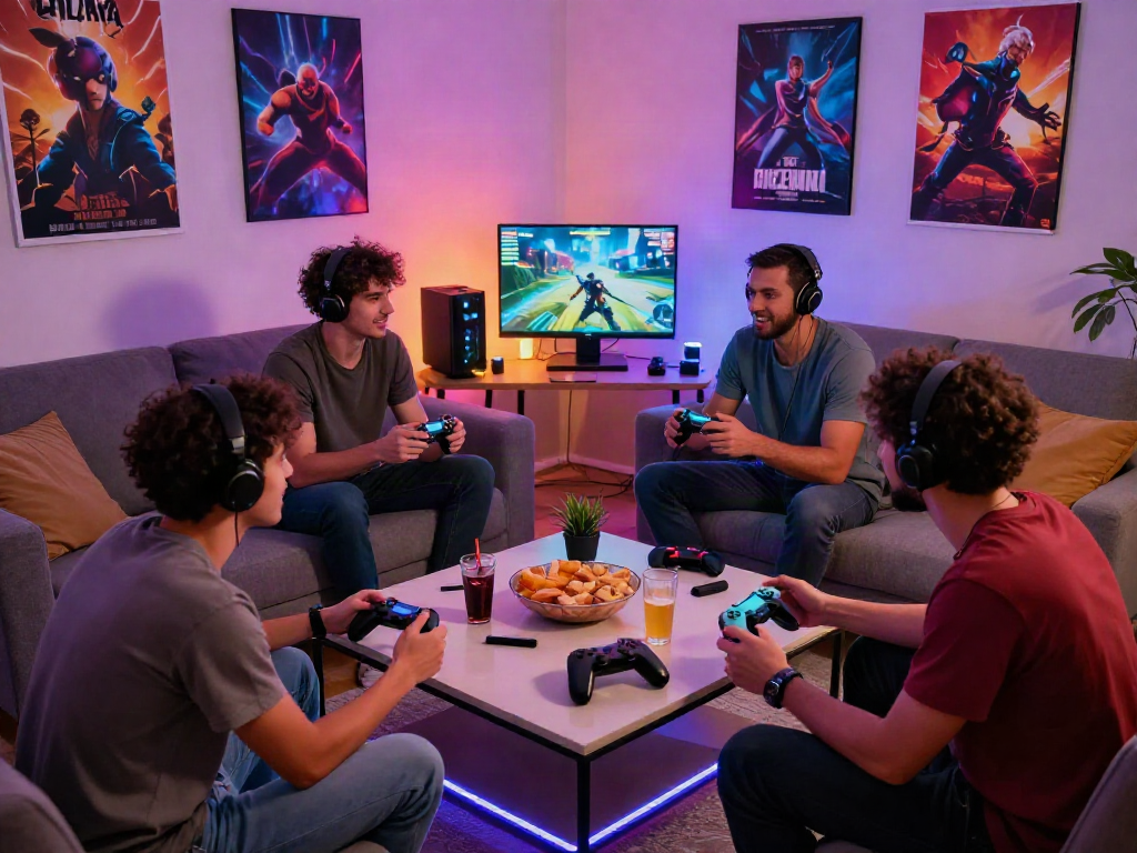 Friends enjoying an energetic koitoto gaming night at home with snacks and fun.
