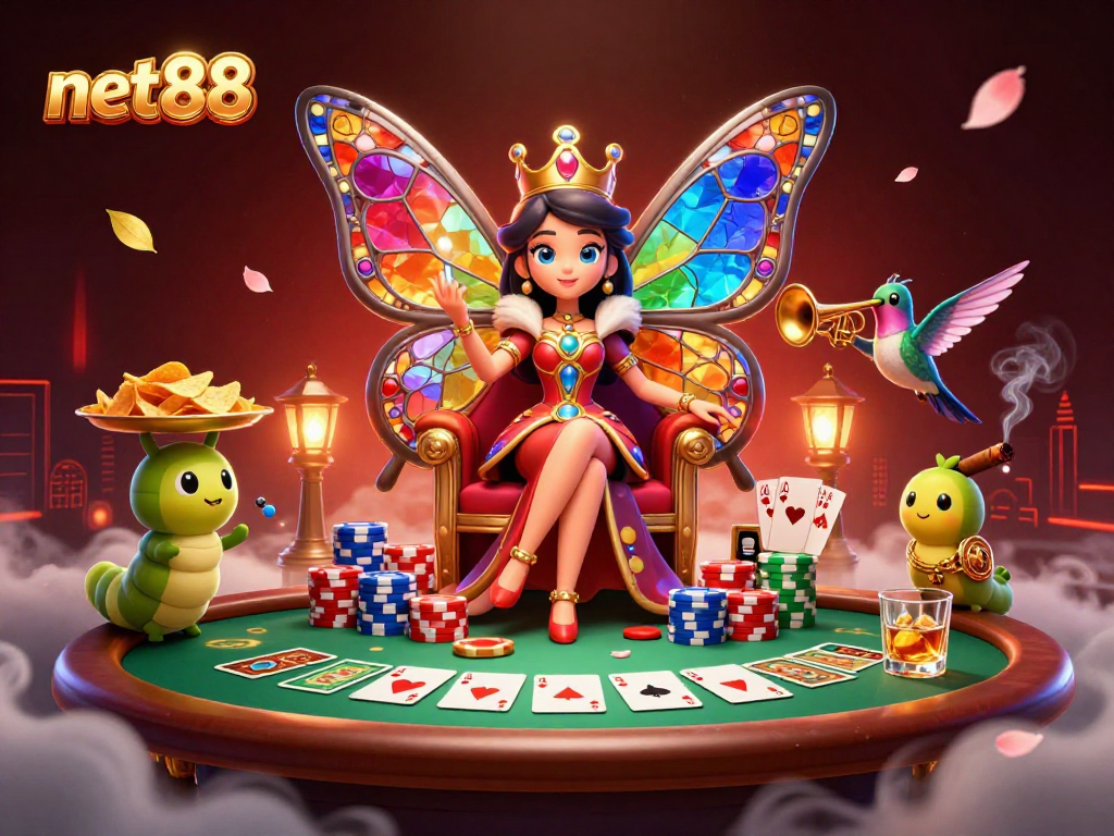Engage in winning strategies at net88 with a vibrant casino scene featuring poker elements.