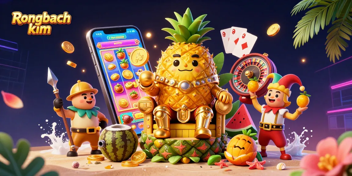 Engage with Rongbach kim in a vibrant casino scene featuring a golden pineapple king and exciting slot games.