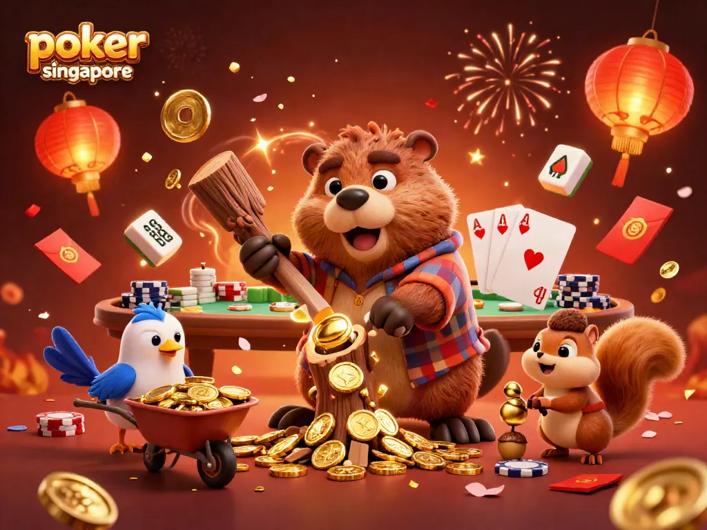 Experience thrilling gameplay at poker online Singapore with vibrant characters and gold coins raining down.