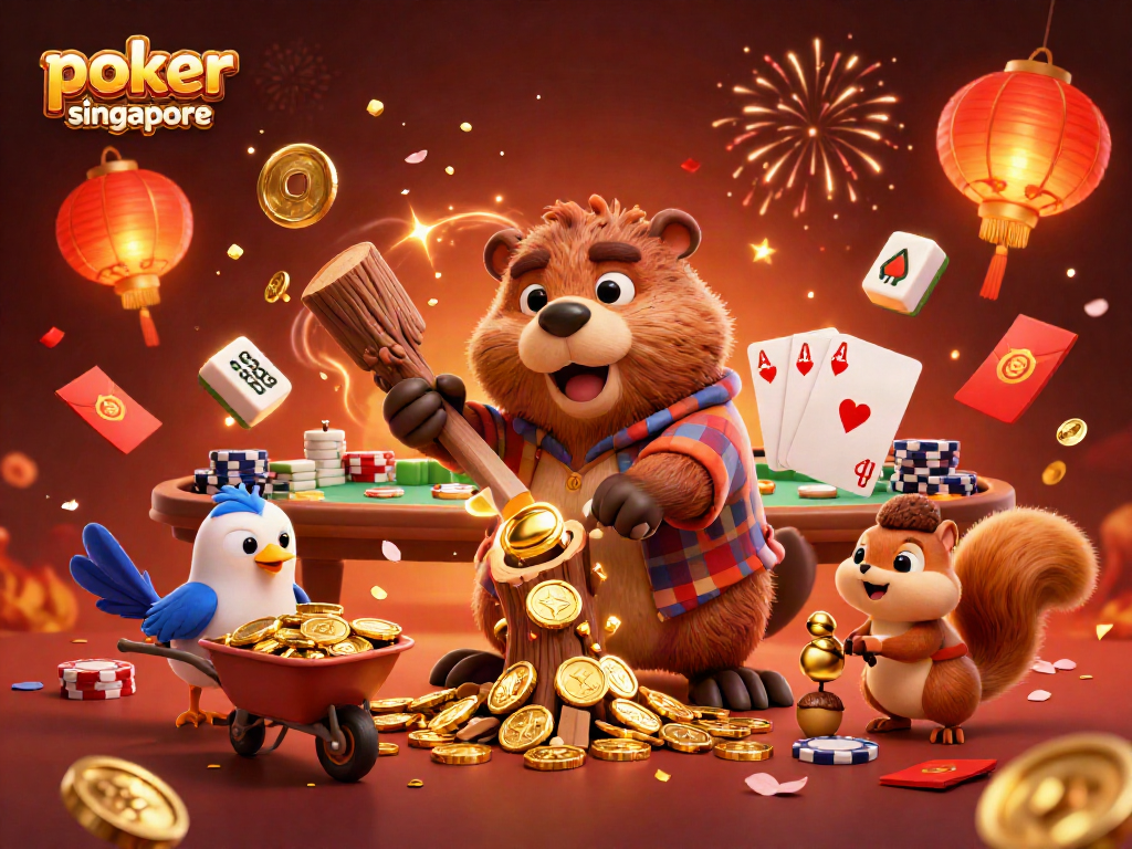 Experience thrilling gameplay at poker online Singapore with vibrant characters and gold coins raining down.
