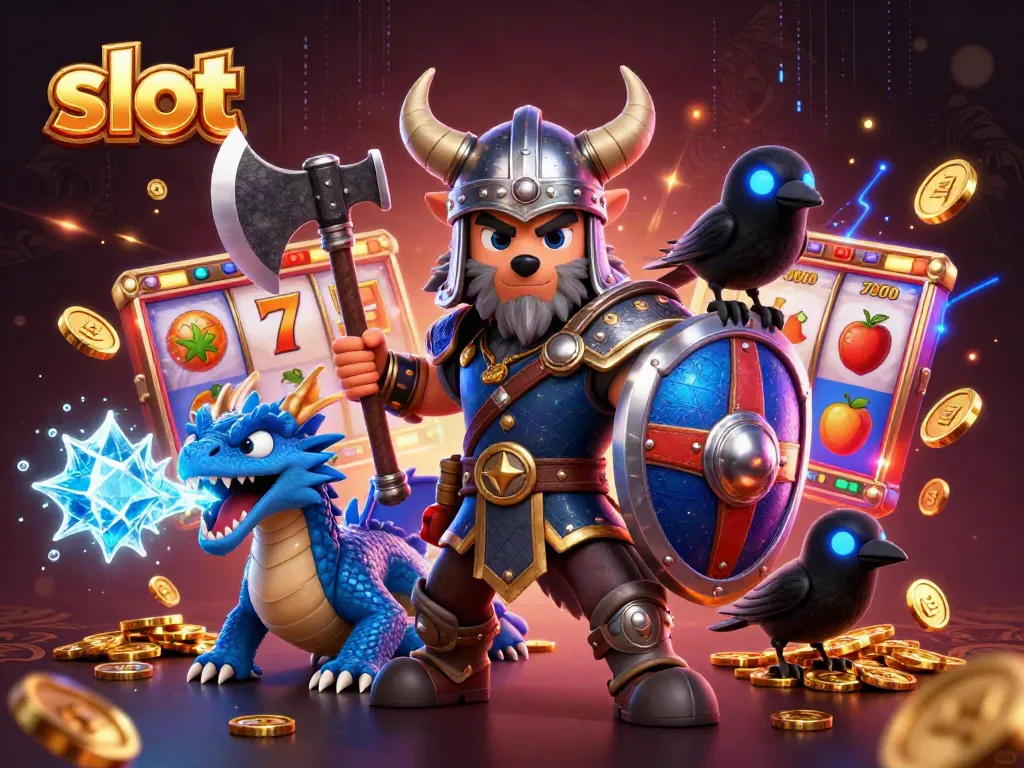 Exciting slot-themed illustration with Viking wolf warrior, dragon, and rewards.