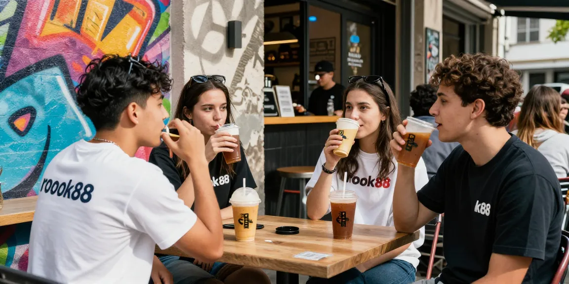 Young adults showcasing their rokok88 merchandise in a vibrant urban café setting.