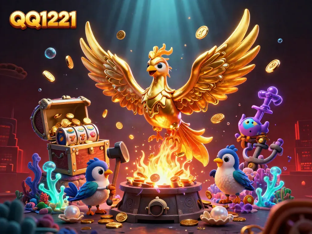 Engage with QQ1221: Experience thrilling slot action with the golden phoenix and rich treasure elements.