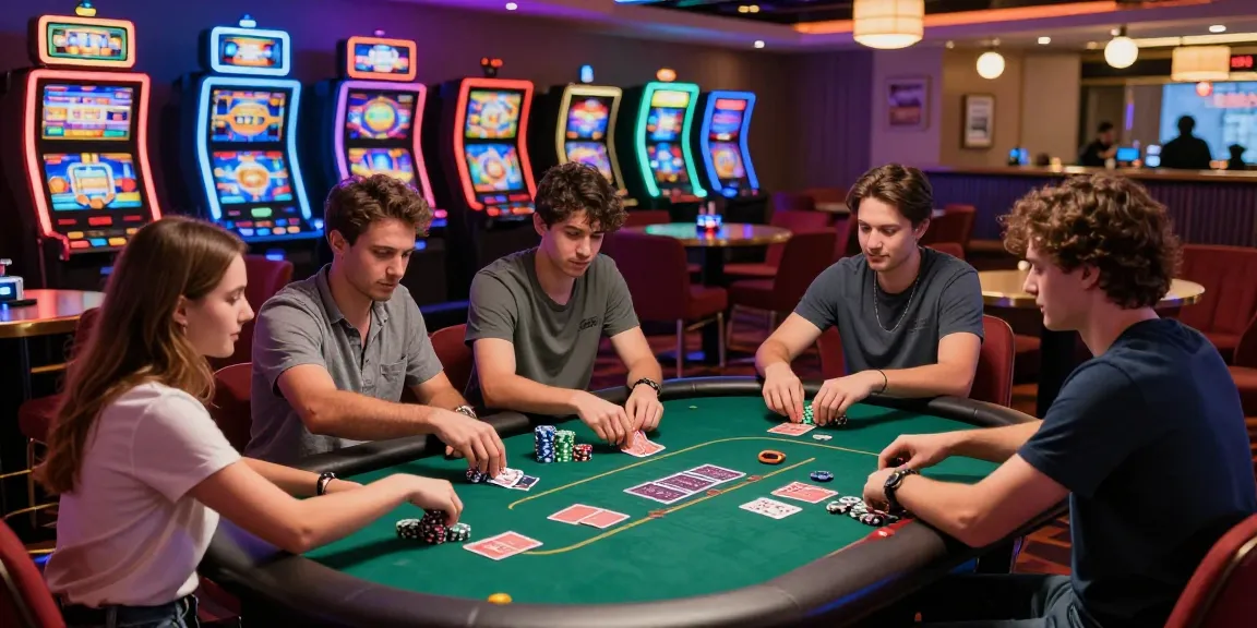 Casinos not on GamStop offering a lively poker gaming scene with diverse players and bright slot machines.