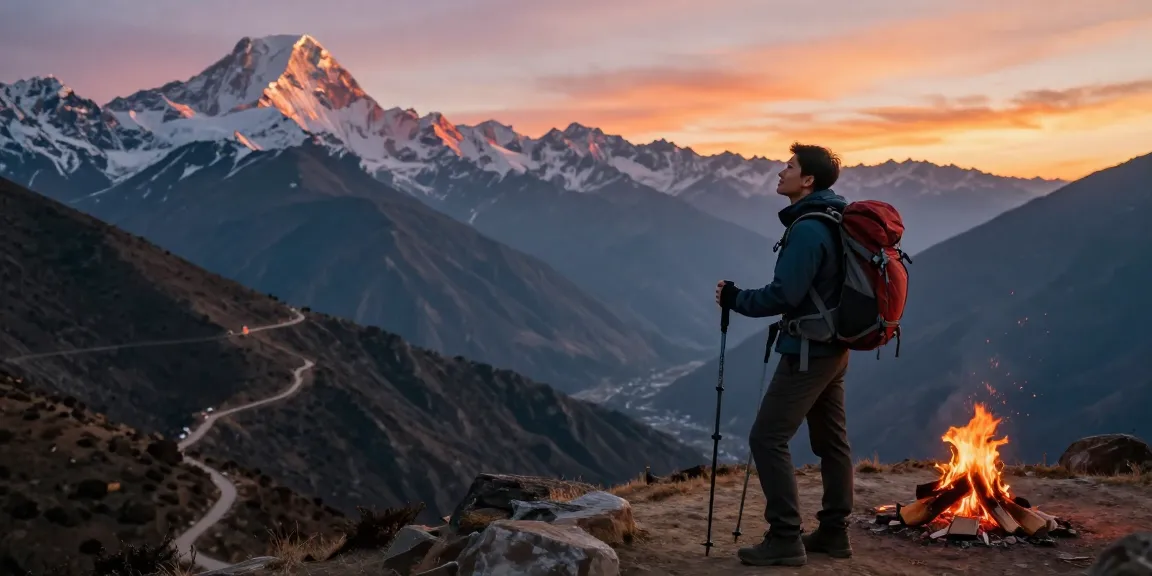 Manaslu Circuit Trek: Adventurer at sunset viewpoint with majestic Himalayan peaks in the background.