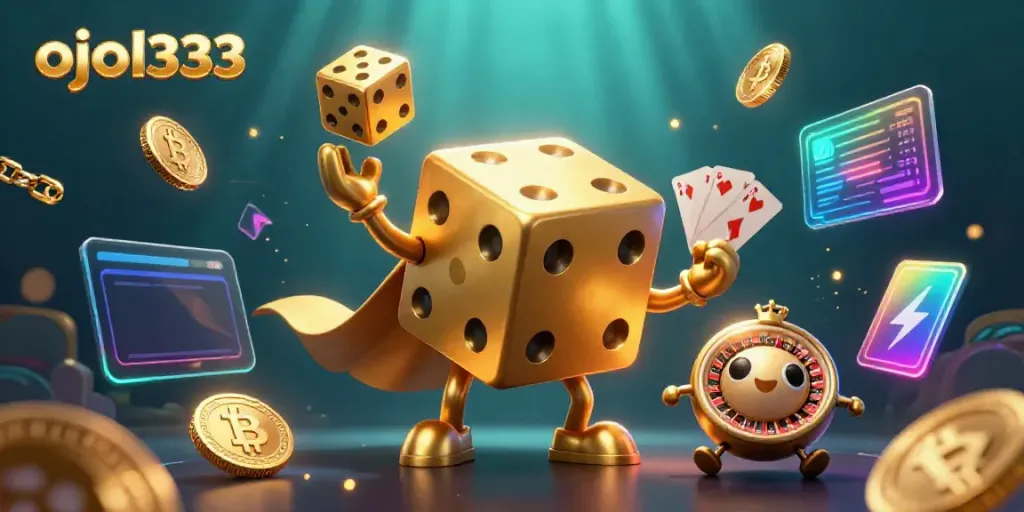 Engage in thrilling moments with ojol333 in a vibrant 3D cartoon casino scene of action and excitement.