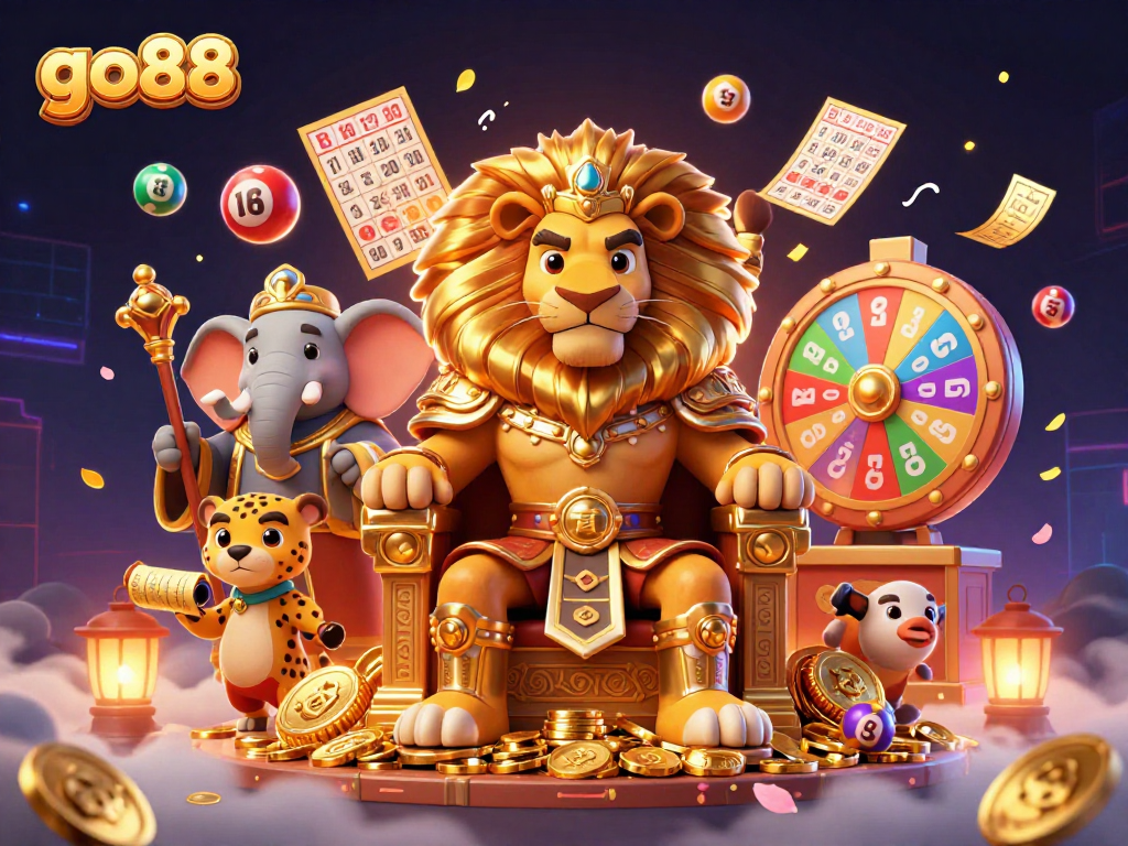 Experience excitement at go88 with a vivid 3D casino scene featuring games and prizes.