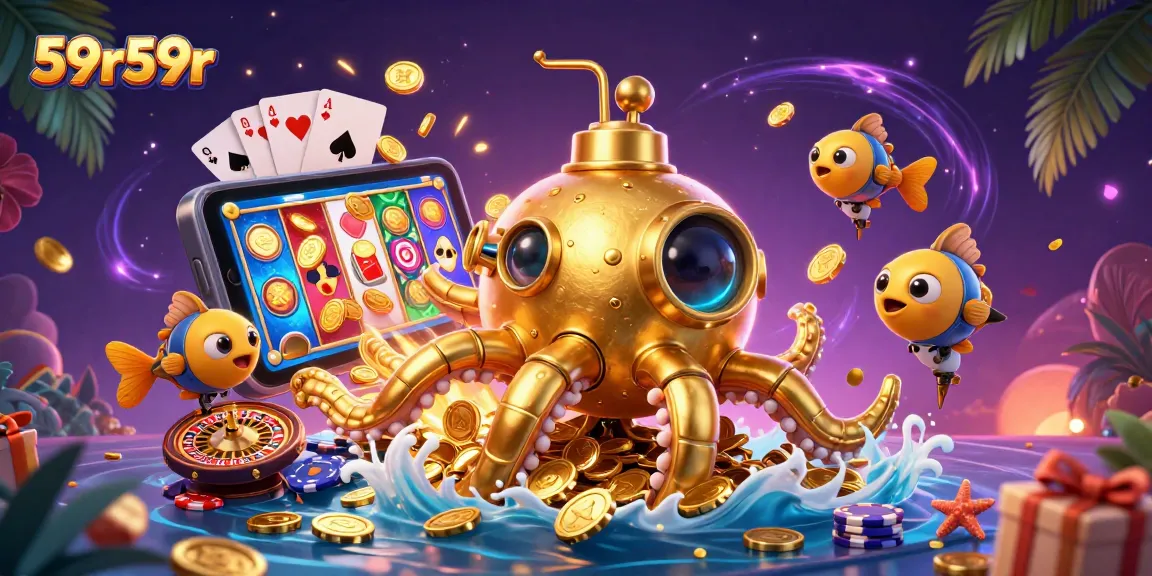 Engage with 59r59r's thrilling slot games amidst a captivating golden kraken submarine fantasy.