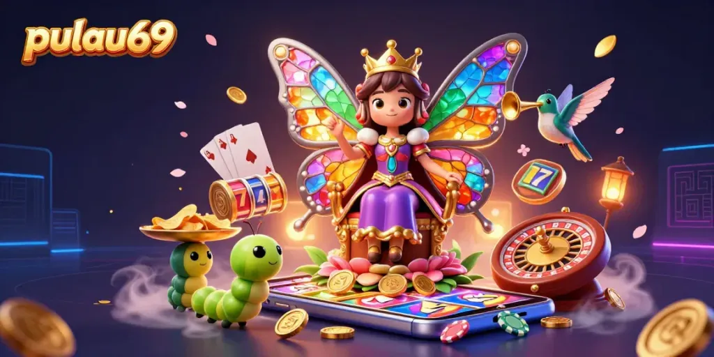 Spin the reels at pulau69 with a vibrant 3D illustration showcasing a butterfly queen and gaming elements.