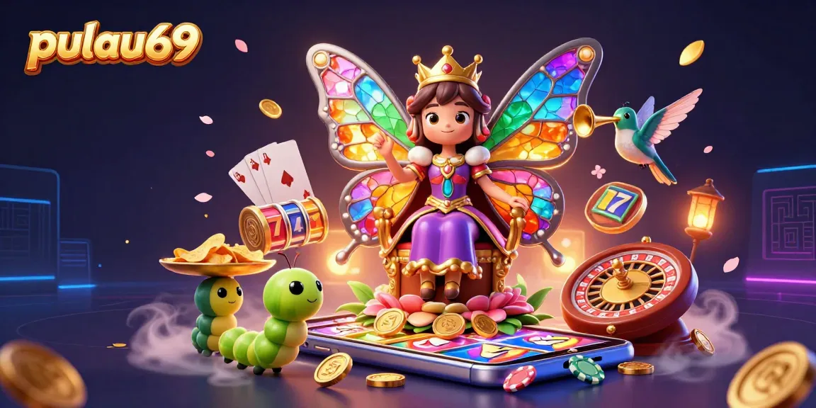 Spin the reels at pulau69 with a vibrant 3D illustration showcasing a butterfly queen and gaming elements.