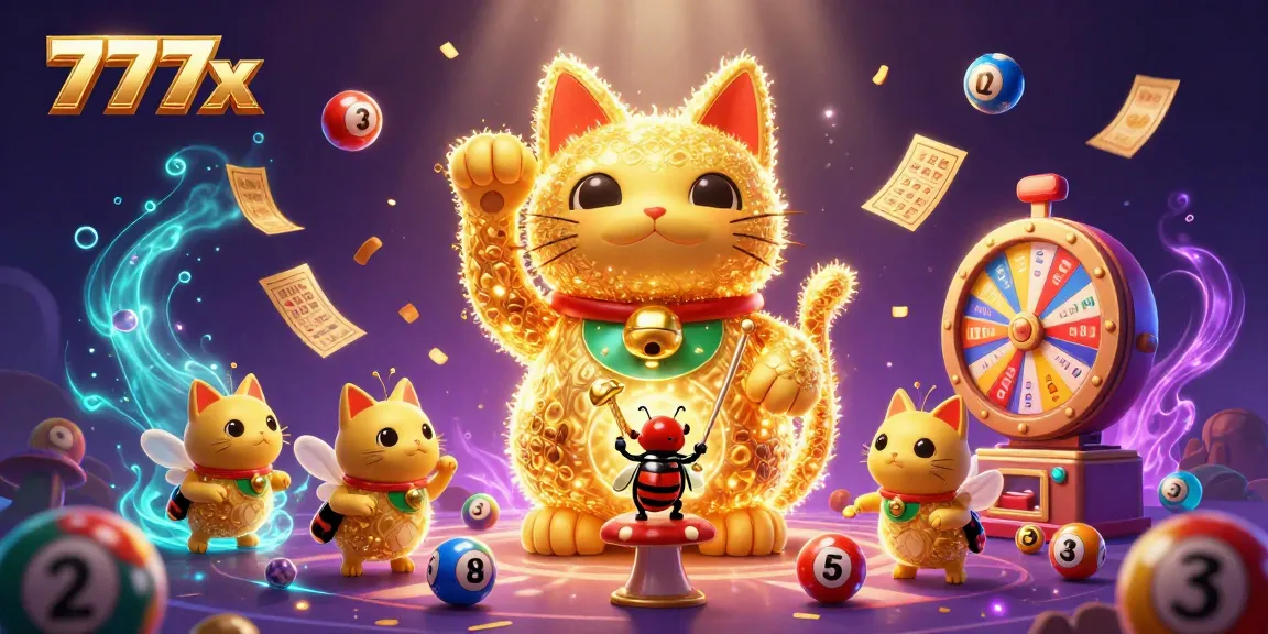 Engage with 777x's vibrant casino world through a dynamic illustration featuring lucky symbols and joyful elements.