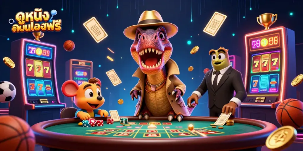 Experience ดูหนังออนไลน์ฟรี with a thrilling virtual casino scene featuring a velociraptor card counter and chaotic betting elements.