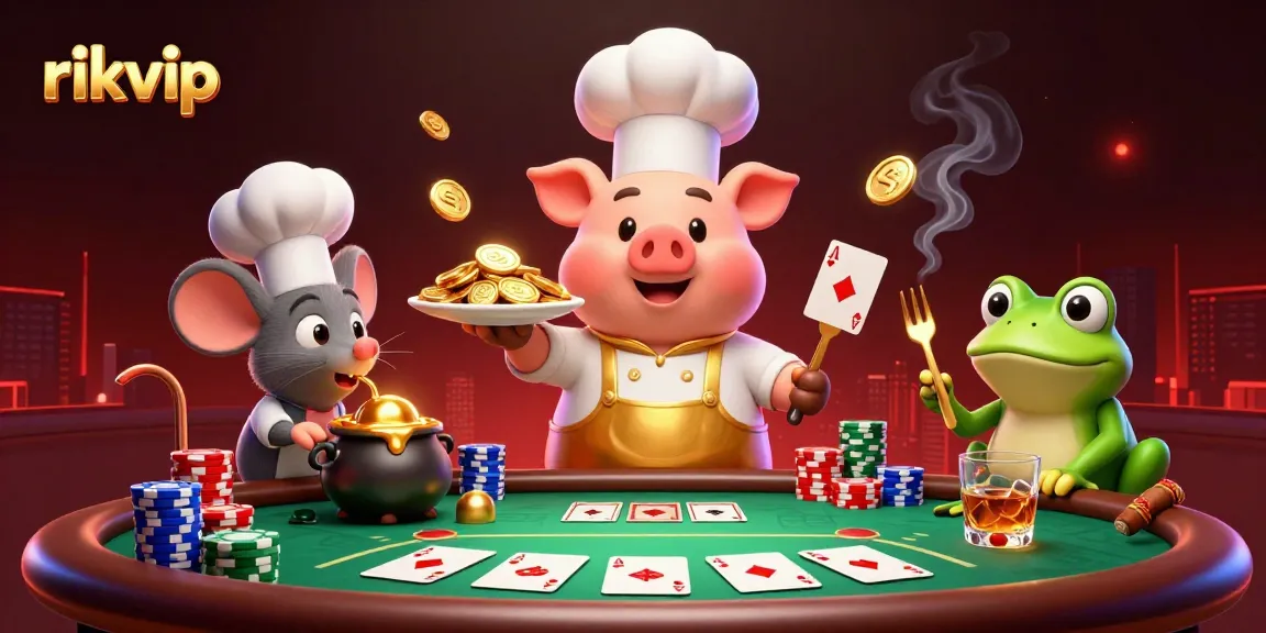 The chef pig serves gold coins in a vibrant casino scene; rikvip gambling excitement abounds.